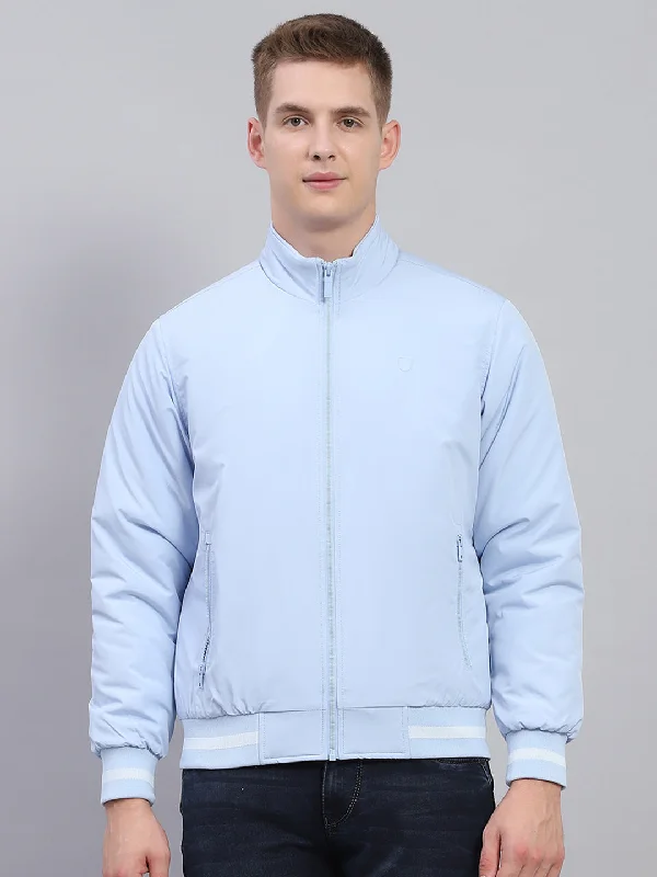 Men's summer jacket-Men Sky Blue Solid Mock Neck Full Sleeve Jacket