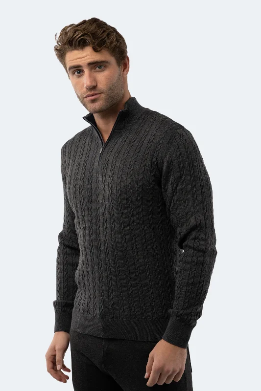 Men's slim fit sweatshirt-Melange Dark Grey Knit Quarter Zip