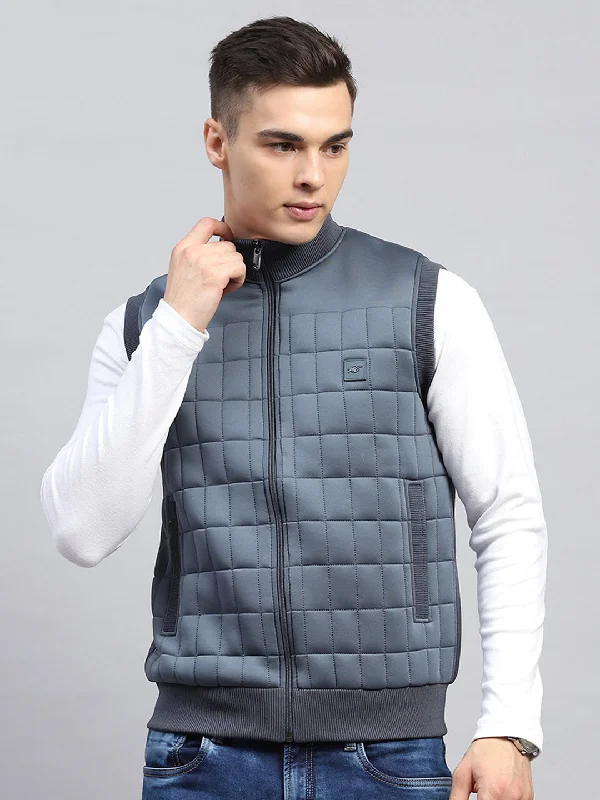 Men's relaxed fit running jacket-Men Grey Self Design Mock Neck Sleeveless Jacket