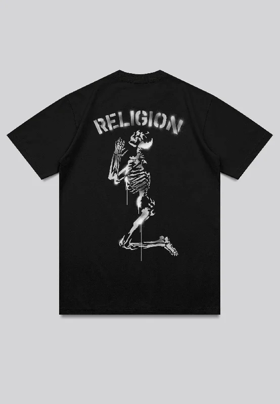 Men's sustainable workout t-shirt-PRAYING SKELETON STENCIL T-SHIRT BLACK