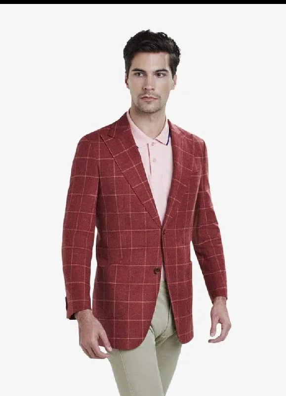 Men's sporty parka-Red Wool Silk Linen Windowpane