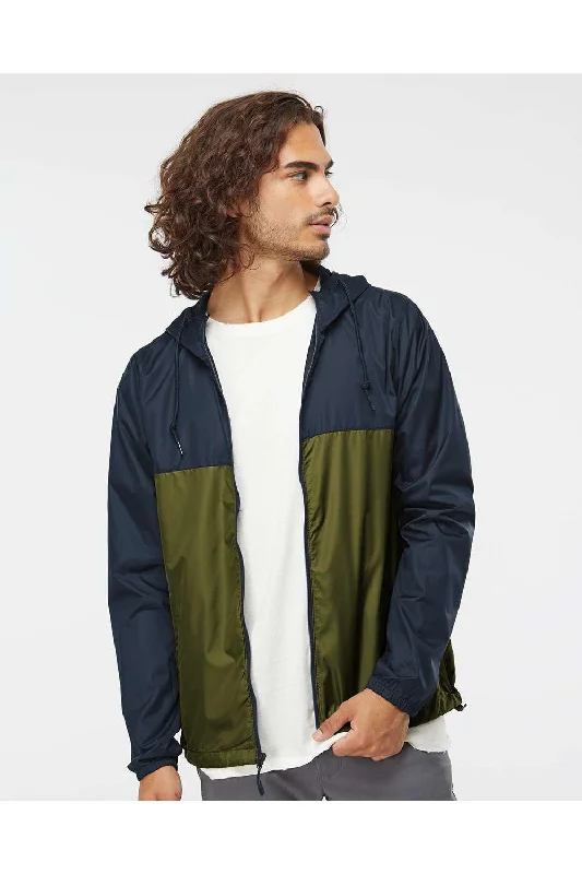 Men's tech-inspired parka-Independent Trading Co. Mens Water Resistant Full Zip Windbreaker Hooded Jacket - Classic Navy Blue/Army Green