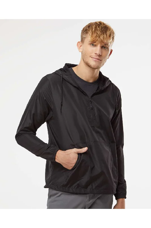 Men's high-stretch performance jacket-Independent Trading Co. Mens Water Resistant 1/4 Zip Windbreaker Hooded Jacket - Black