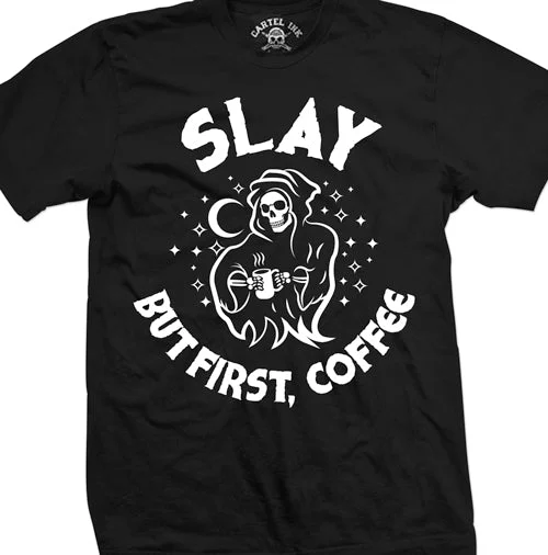 Men's tech fabric gym t-shirt-Slay but First, Coffee Mens T-Shirt