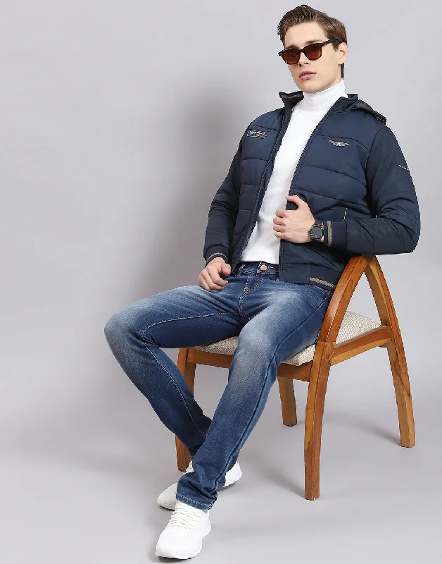 Men's organic winter coat-Men Navy Blue Solid Hooded Full Sleeve Jacket