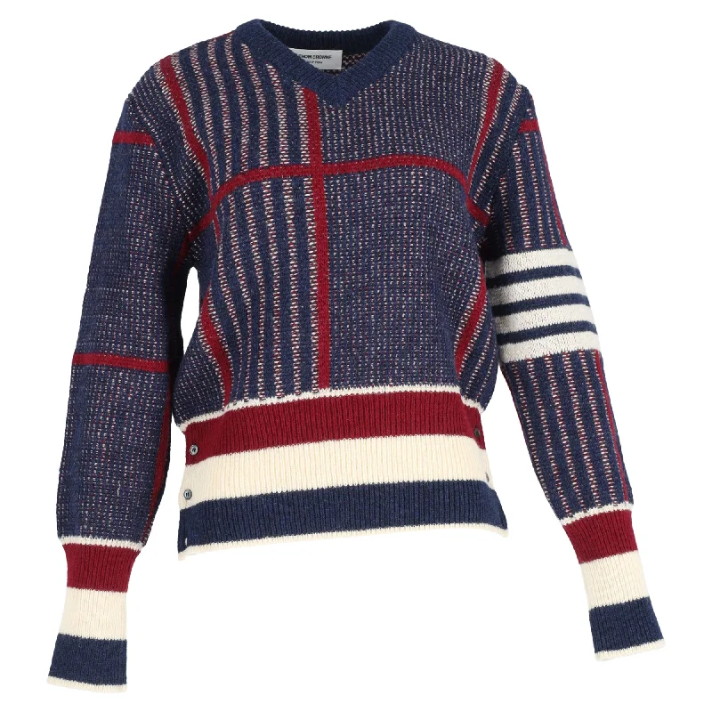 Men's windproof knitwear-Thom Browne Plaid V-Neck Sweater in Multicolor Wool