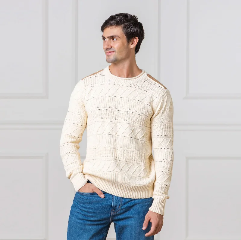 Men's vintage knit-Cable Sweater with Suede Detail