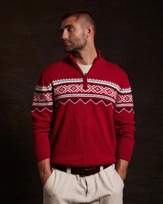 Men's spring knitwear-Nordic Quarter Zip Sweater In Tartan Red