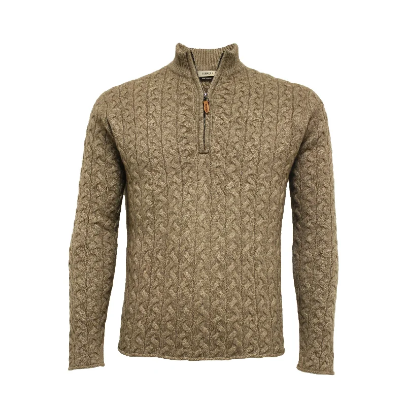 Men's all-season sweater-Camel Cashmere Half Zip Sweater in Full Cable knit Neil