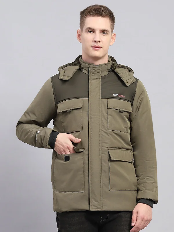 Men's non-iron casual jacket-Men Olive Solid Detachable Hood Full Sleeve Jacket