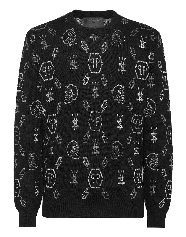 Men's plain sweatshirt-Merino wool Pullover Round Neck LS Jacquard Monogram