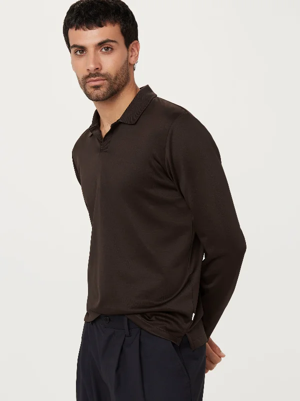 Men's antibacterial gym polo shirt-The Long Sleeve Johnny Collar Polo in Dark Chocolate