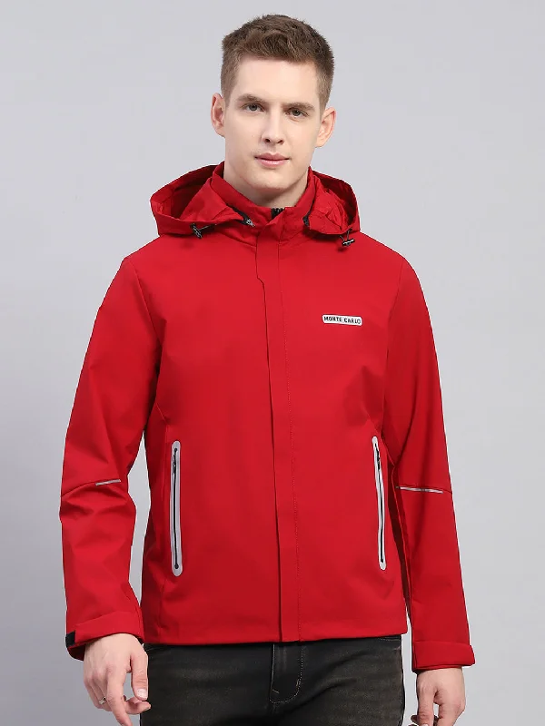 Men's performance field jacket-Men Red Solid Detachable Hood Full Sleeve Jacket