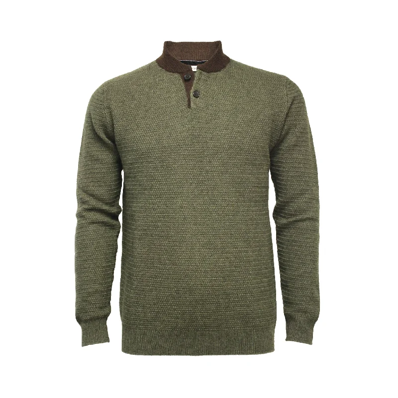 Men's lightweight knitwear-Cashmere Button Neck Sweater Hunter Green