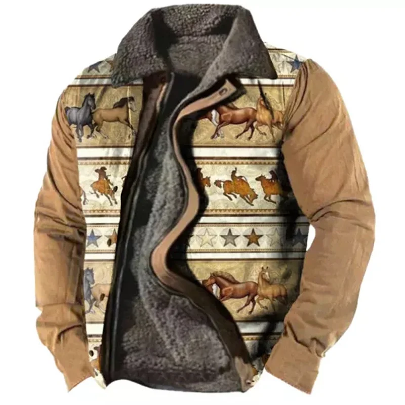 Men's performance raincoat-Men's Plus Size Casual Aztec Geometric Print Fleece Jacket Streetwear Fall Winter Loose Fit Coat | TS-6594