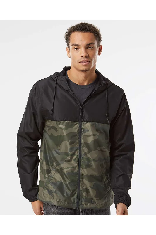 Men's antibacterial utility jacket-Independent Trading Co. Mens Water Resistant Full Zip Windbreaker Hooded Jacket - Black/Forest Green Camo