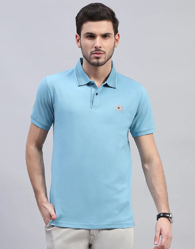 Men's performance gym t-shirt-Men Sky Blue Solid Polo Collar Half Sleeve T-Shirt