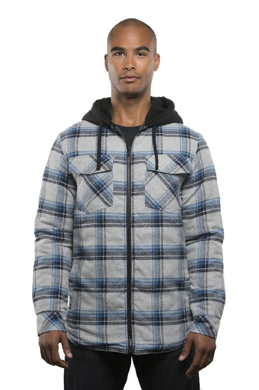 Men's sustainable parka-Burnside Mens Quilted Flannel Full Zip Hooded Jacket - Grey/Blue