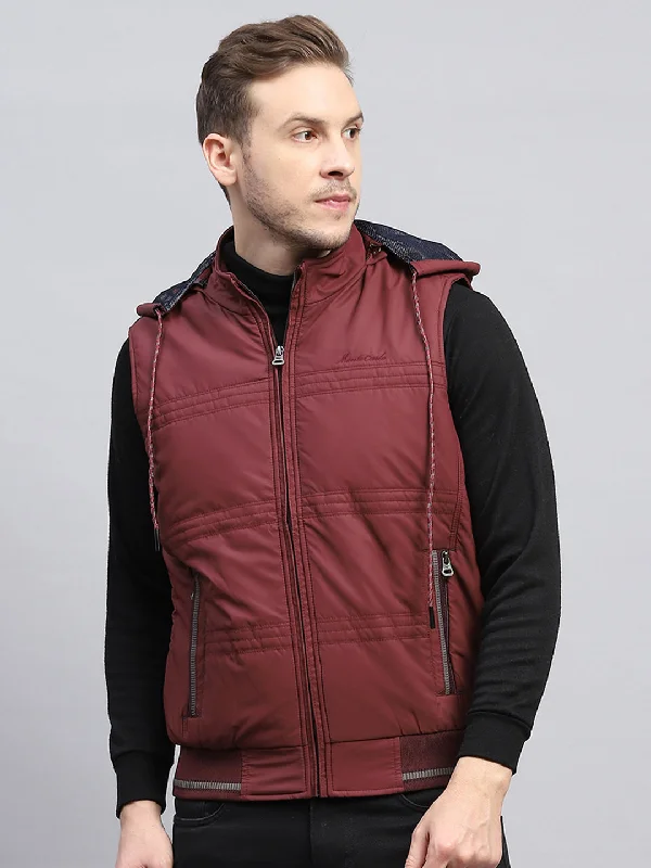 Men's adventure-ready performance jacket-Men Rust Solid Detachable Hood Sleeveless Jacket