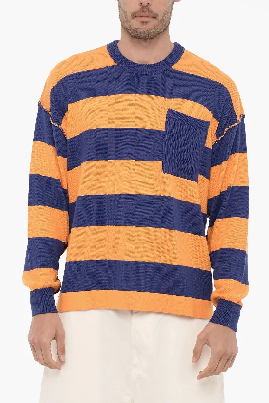 Men's moisture-wicking knitwear-Roberto Collina Crew-Neck T-wo-Tone Sweater with Breast Pocket