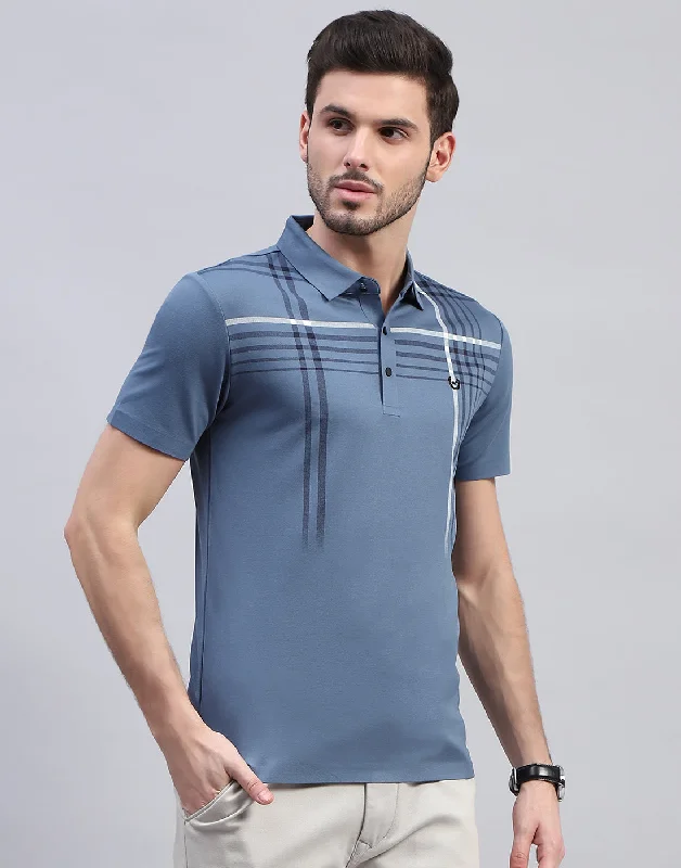 Men's eco-conscious workout t-shirt-Men Blue Printed Polo Collar Half Sleeve T-Shirt