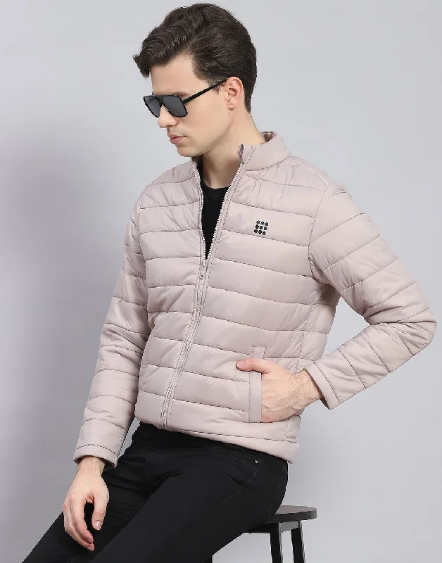 Men's comfortable winter coat-Men Grey Solid Stand Collar Full Sleeve Jacket