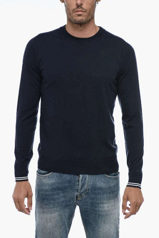 Men's work sweater-Peserico Virgin Wool Sweater with Striped Cuffs