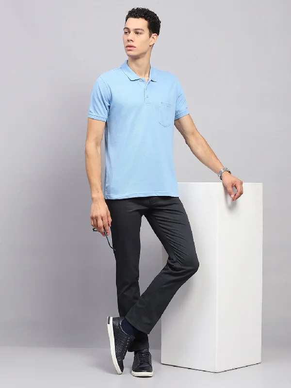 Men's summer gym t-shirt-Men Sky Blue Solid Polo Collar Half Sleeve T-Shirt