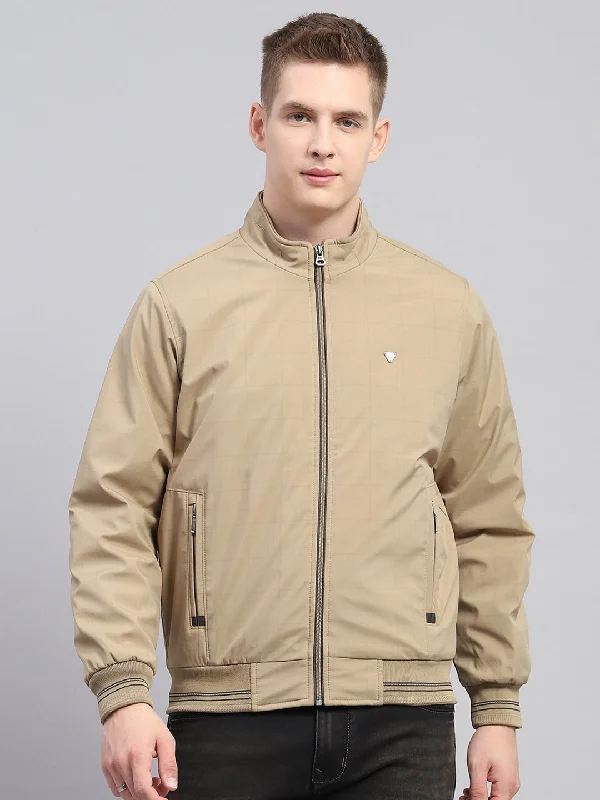 Men's versatile travel jacket-Men Khaki Solid Mock Neck Full Sleeve Jacket