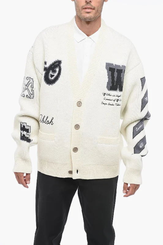 Men's classic knit-Off-White Jaquard Oversized MOON Cardigan with Embroidered Detail