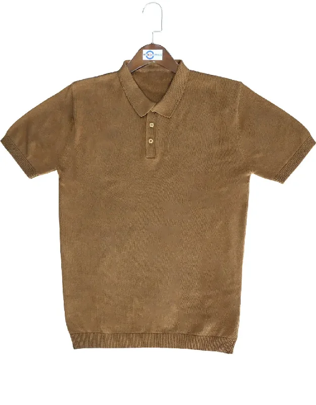 Men's weatherproof office polo shirt-Knitwear - Brown Knitted Short Sleeve Polo Shirt