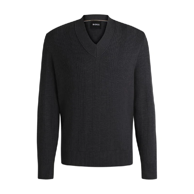 Men's casual sweater-Mixed-structure V-neck sweater in wool