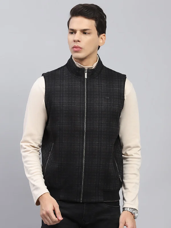 Men's relaxed fit travel coat-Men Navy Blue Check Mock Neck Sleeveless Jacket