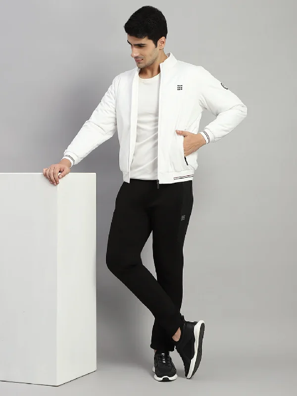 Men's fashion-forward parka-Men White Solid Mock Neck Full Sleeve Jacket