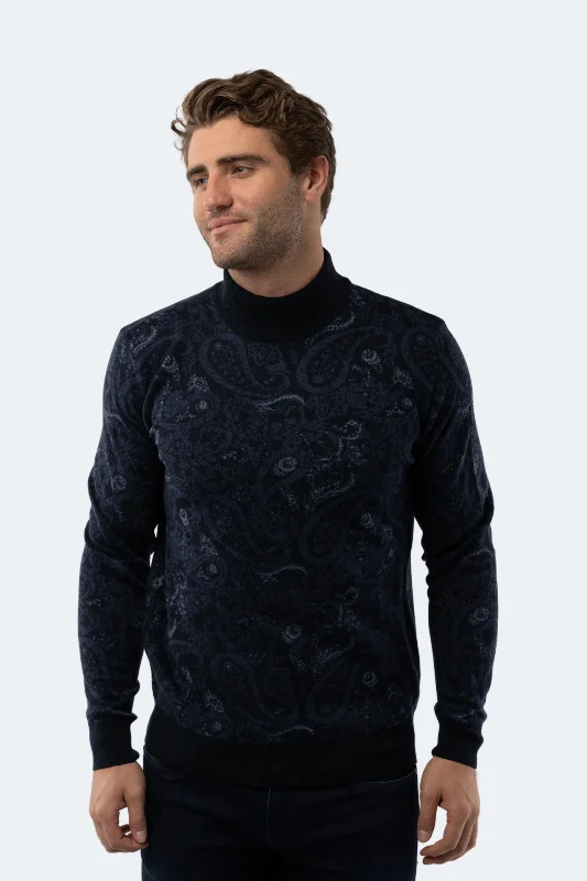 Men's outdoor knitwear-Navy Paisley Mockneck Sweater