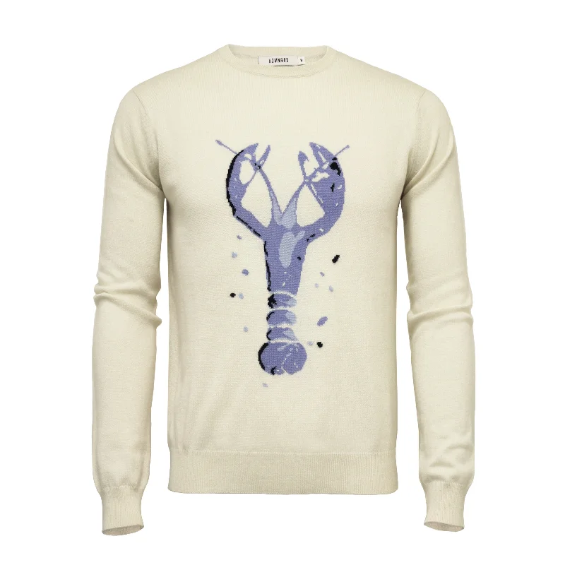 Men's weekend knit-Woolwhite Crew Neck Lobster Intarsia Boracay