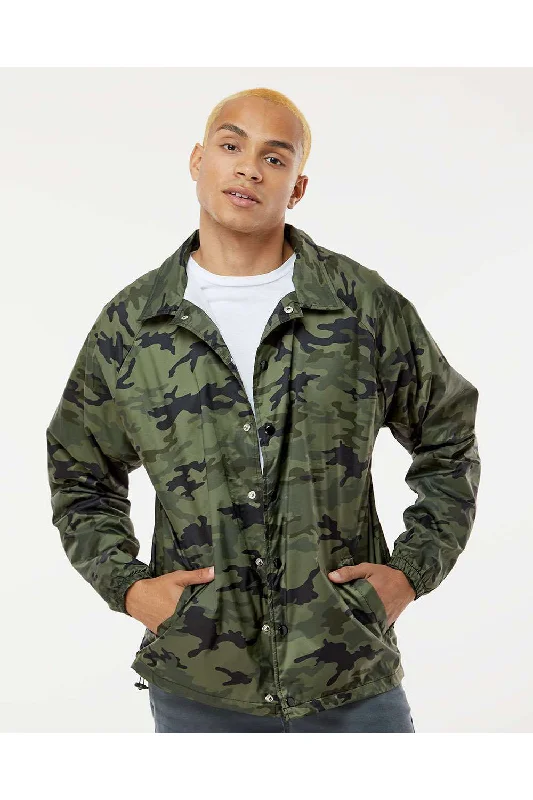 Men's performance puffer jacket-Burnside Mens Mentor Snap Down Wind & Water Resistant Coaches Jacket - Green Camo - Closeout