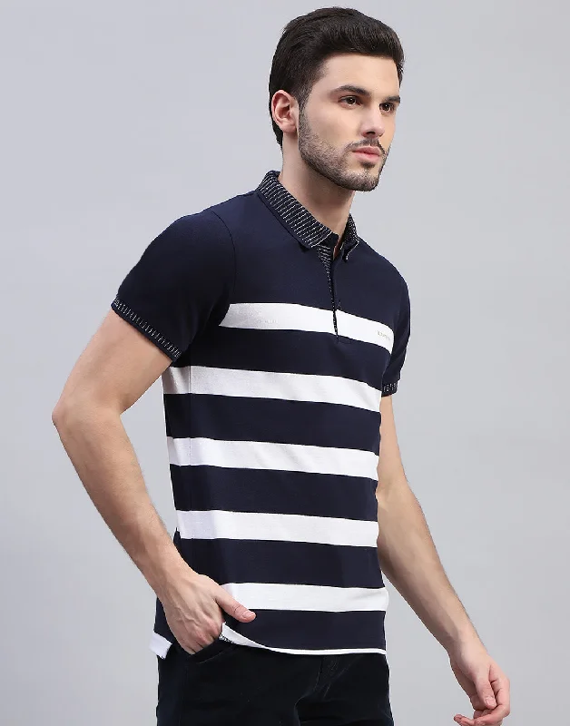 Men's breathable workout wear t-shirt-Men Navy Blue Stripe Polo Collar Half Sleeve T-Shirt