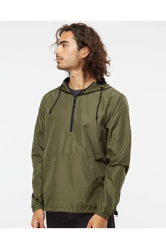 Men's modern streetwear jacket-Independent Trading Co. Mens Water Resistant 1/4 Zip Windbreaker Hooded Jacket - Army Green