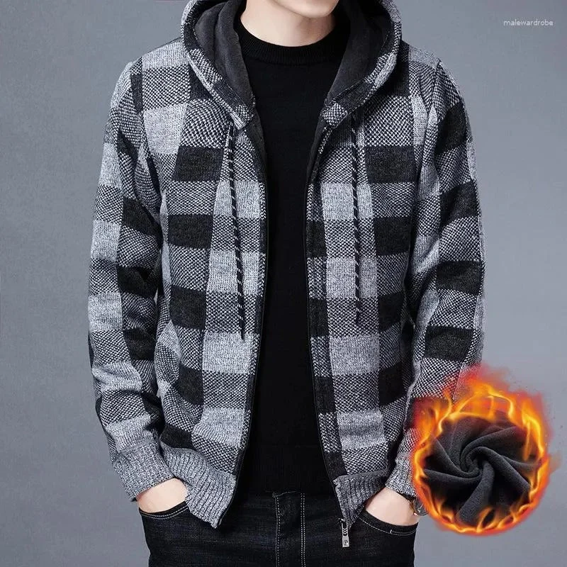 Men's eco-friendly outdoor jacket-Men's Winter Casual Coat Hooded Knit Outwear Plaid Sweater Full Zipper Cardigan Jackets