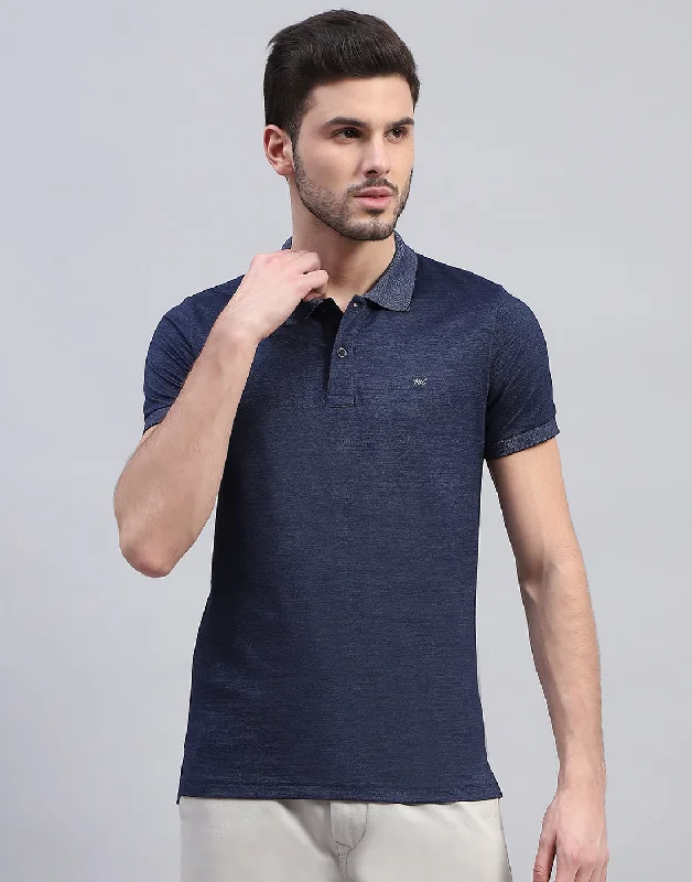 Men's summer gym t-shirt-Men Blue Solid Polo Collar Half Sleeve T-Shirt