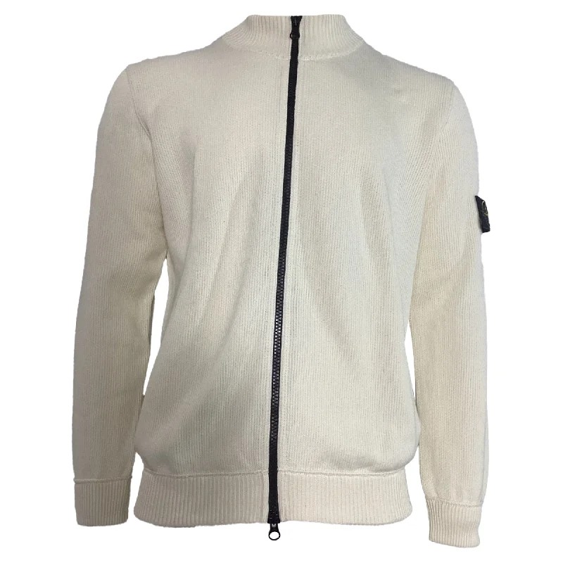 Men's heavyweight sweater-Stone Island Rib Knit Zip Sweater in White Wool