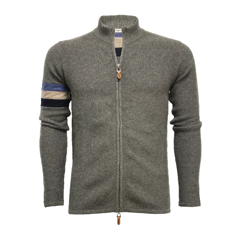 Men's festival knit-Grey Cashmere Zipper Sweater in seed stitch Cable on sleeve