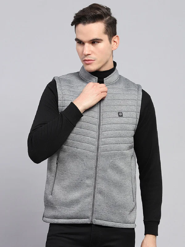 Men's organic fleece jacket-Men Grey Self Design Mock Neck Sleeveless Jacket