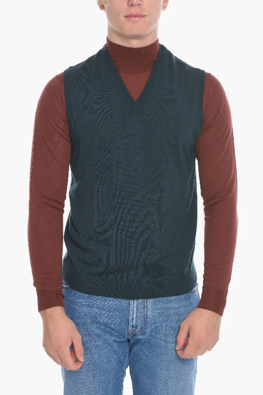 Men's all-season sweatshirt-Corneliani V Neck Virgin Wool Vest