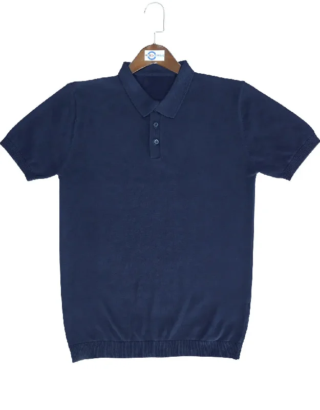 Men's wrinkle-resistant casual wear polo shirt-Knitwear - Nav Blue Knitted Short Sleeve Polo Shirt