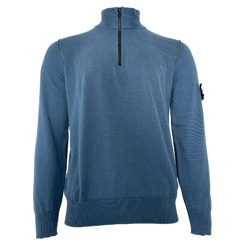 Men's fleece sweater-Stone Island Compass-Motif Half Zip Sweater in Blue Cotton