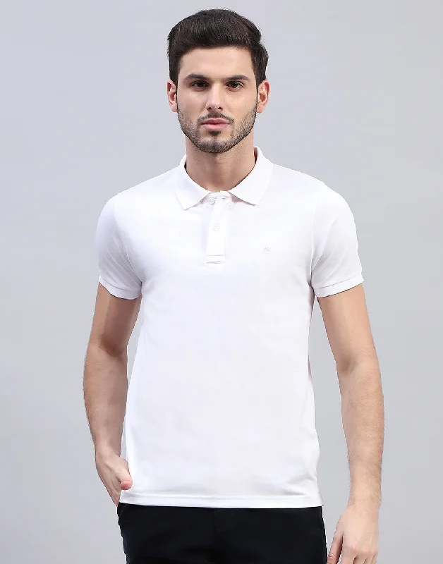 Men's relaxed fit gym t-shirt-Men White Solid Polo Collar Half Sleeve T-Shirt