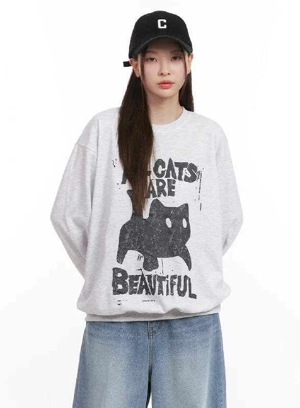 Men's fashion-forward running hoodie-Oversized Cat Graphic Crew Neck IJ527