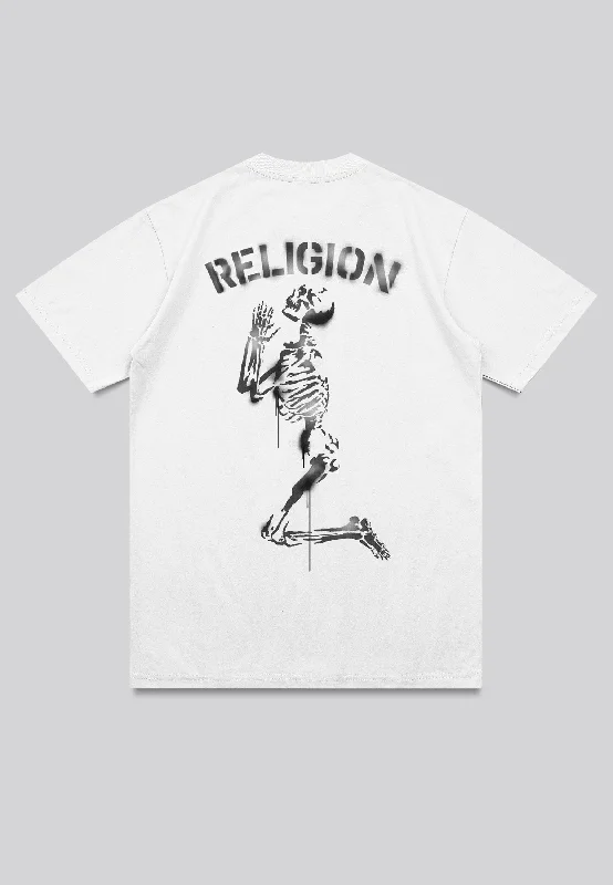 Men's eco-conscious workout t-shirt-PRAYING SKELETON STENCIL T-SHIRT WHITE